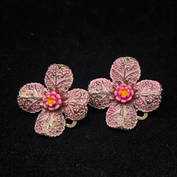 Arthur Pepper Pink Enamel Flower Earrings Clip On Vintage Floral - Picture 4 of 8
